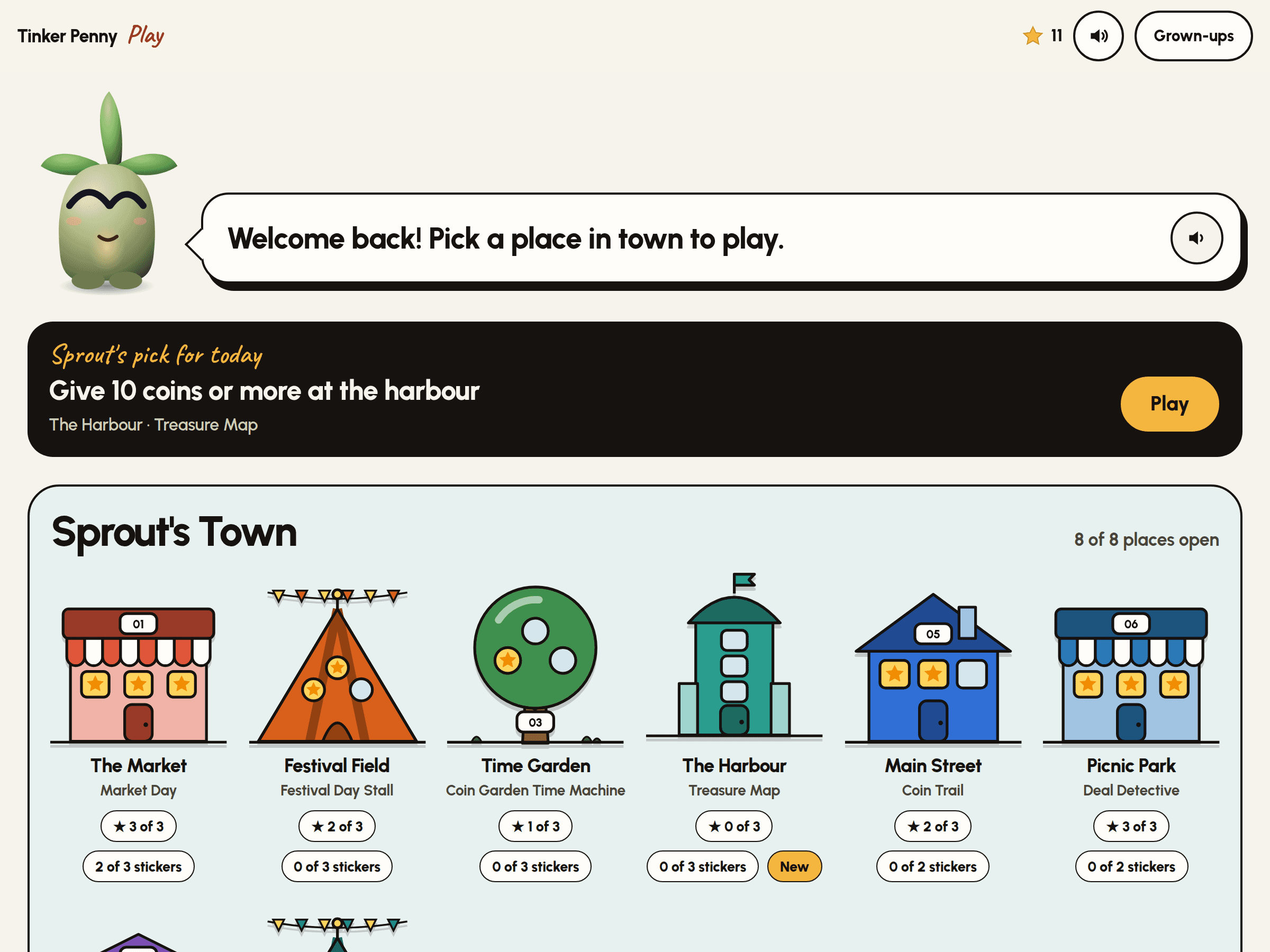 Sprout's Town in Play: each pack's game is a building, with windows that light up for each star won.